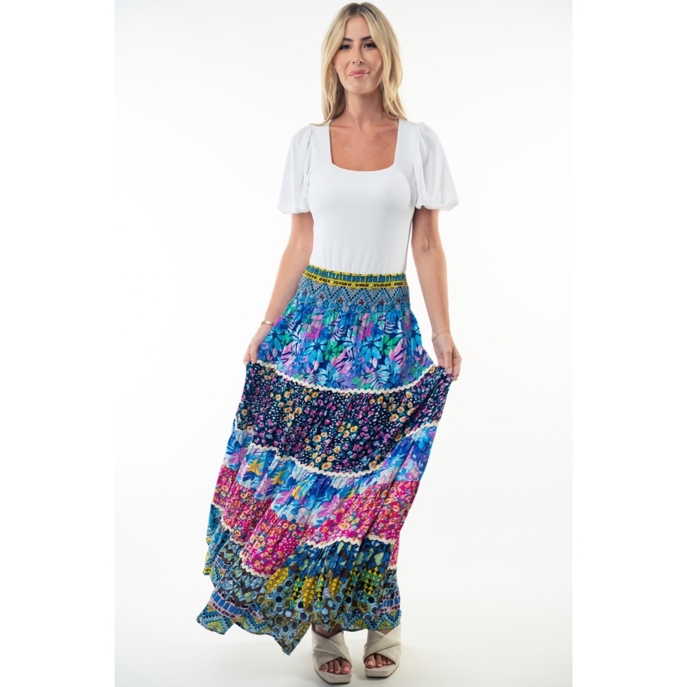 WHITE BIRCH Flower Patchwork Print Smocked Waist Tiered Maxi Skirt - Picture 8 of 10